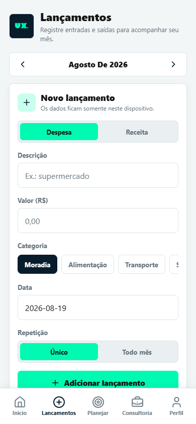 Tela de lançamentos financeiros da UX PAG