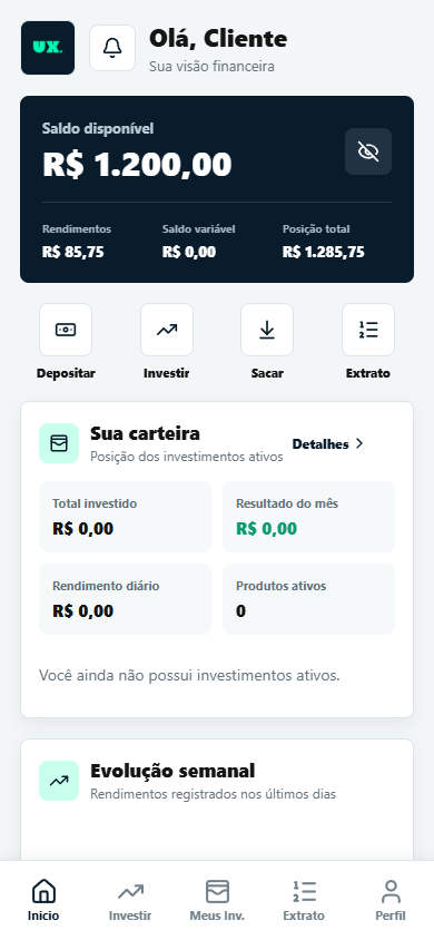 Dashboard de investimentos da UX PAG